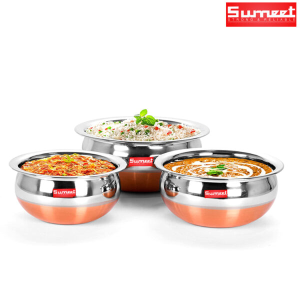 Sumeet Stainless Steel 3 Pieces Handi Pot Set, 0.5L, 1L, 1.3L, 3 Piece (White)